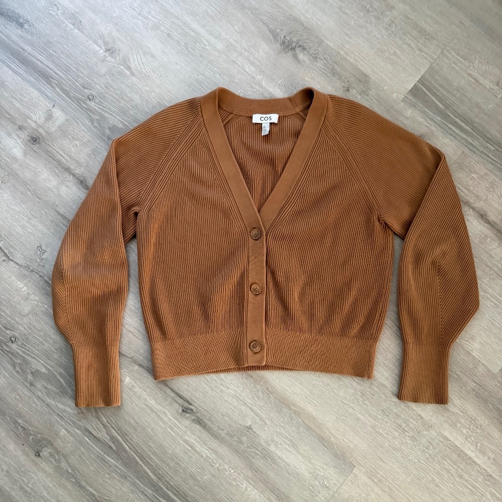 COS Women’s Chestnut Brown Ribbed Cotton Cardigan Size Small Classic